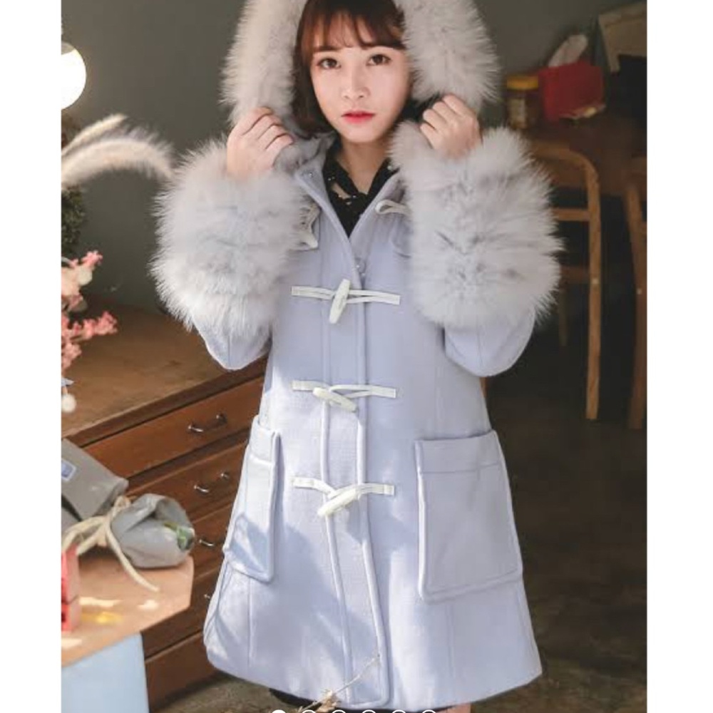 Snidel Baby Blue Duffle Coat with Fox Fur Trim and Sleeves